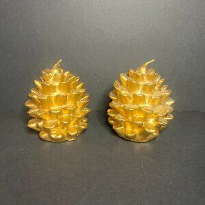 Set of 2 Gold Wax Glitter Unscented Pinecone Candles Christmas Holiday Decor 3"